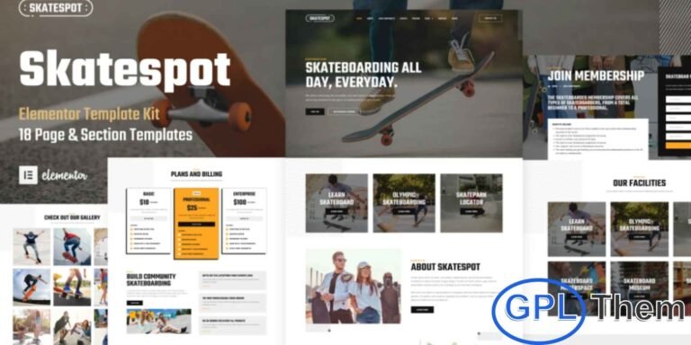 Skatespot – Skateboard Community & Skate Park Elementor Pro Template Kit Skatespot is a modern and dynamic Elementor Pro Template Kit designed for skateboarding communities, skate parks, and related businesses. Featuring a clean, professional, and visually engaging design, it helps you create a complete website quickly and effortlessly.