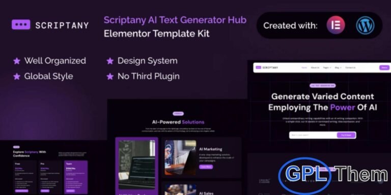 Scriptany – AI Text Generator Hub Elementor Pro Template Kit Scriptany is a modern and professional Elementor Pro Template Kit designed for AI-powered tools, text generator platforms, and innovative tech or app-based projects. With its clean layout and technology-focused design, Scriptany allows you to build a polished and engaging website that showcases your AI features, services, and capabilities.
