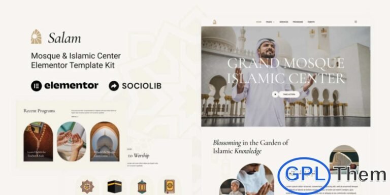 Salam – Mosque & Islamic Center Elementor Template Kit Salam is a modern and professional Elementor Template Kit designed for mosques, Islamic centers, and religious organizations. With its clean and contemporary design, Salam allows you to quickly create a fully functional website using the Elementor Page Builder for WordPress.