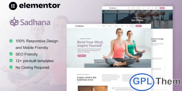 Sadhana – Yoga Teacher & Studio Elementor Template Kit Sadhana is a modern and visually appealing Elementor Template Kit designed for yoga instructors, studios, and wellness professionals. Featuring 12 pre-built templates with a clean and contemporary design, Sadhana makes it easy to create a professional website that highlights yoga classes, instructors, meditation sessions, and wellness programs.