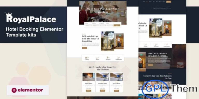 Royalpalace – Hotel Booking Elementor Pro Template Kit Royalpalace is a premium Elementor Pro Template Kit designed for hotels, resorts, and accommodation businesses seeking a professional and fully functional website. Perfect for room reservations, hotel bookings, and showcasing amenities, this template kit comes with a wide range of pre-built pages including room listings, galleries, blogs, and shop features.