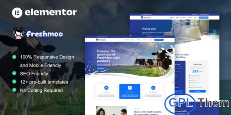 FreshMoo – Dairy Farm Elementor Pro Template Kit FreshMoo is a beautifully designed Elementor Pro Template Kit crafted for modern dairy farms and agricultural product websites. Featuring 12+ professionally built templates, this kit combines a clean layout with a fresh, contemporary style—making it ideal for showcasing your dairy products and farm services online.