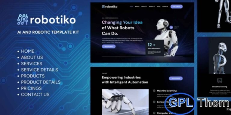 Robotiko – Robotic & AI Elementor Template Kit Robotiko is a cutting-edge Elementor Template Kit crafted for businesses in the robotics, automation, and artificial intelligence industries. Designed to highlight innovative tech solutions, Robotiko provides a sleek, modern, and highly responsive platform for showcasing your products, services, and AI-driven capabilities.