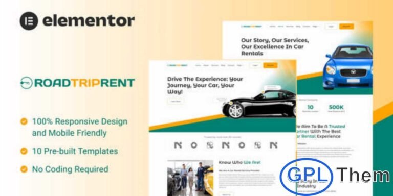 RoadTripRent – Premium Car Rental Elementor Template Kit RoadTripRent is a modern and SEO-optimized Elementor Template Kit designed for premium car rental businesses. Perfect for companies offering luxury, performance, and short-term vehicle leasing services, this kit helps you showcase your fleet with style and professionalism.