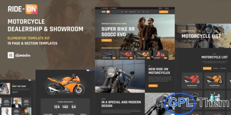 Ride ON – Motorcycle Dealership WordPress Elementor Template Kit Ride ON is a premium Elementor Pro Template Kit crafted to help you build a stunning and high-performing website for motorcycle dealerships, garages, workshops, and showrooms. Designed with modern aesthetics and user-friendly layouts, this kit allows you to showcase bikes, services, pricing, and promotions with ease.