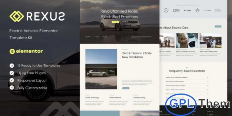 Rexus – Electric Vehicles Elementor Template Kit Rexus is a sleek and modern Elementor Template Kit designed exclusively for electric vehicles, EV charging stations, electric mobility services, and eco-friendly automotive businesses. Built for brands that want to showcase their services professionally, Rexus offers a clean, contemporary layout that is fully responsive across all devices.