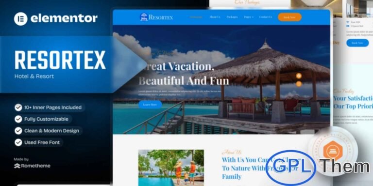 Resortex – Hotel & Resort Elementor Pro Template Kit Resortex is a premium Elementor Pro Template Kit designed specifically for hotels, resorts, and travel accommodations looking to build a stylish and professional online presence. Featuring 14 pre-built templates, this kit offers a fully responsive, minimalist, and clean design that ensures a smooth user experience across all devices.