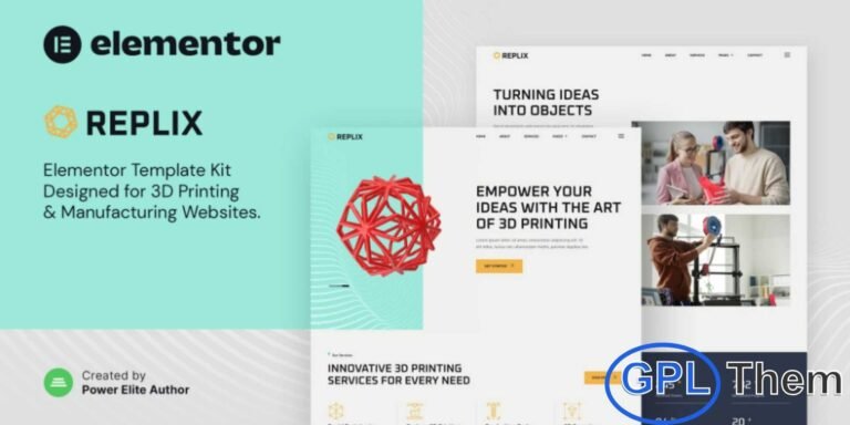 Replix – 3D Printing & Manufacturing Services Elementor Template Kit Replix is a modern and innovative Elementor Template Kit designed for businesses in the 3D printing, digital printing, and manufacturing sectors. Perfect for print shops, design studios, production services, and industrial solution providers, this kit helps you build a professional and highly engaging website with ease.