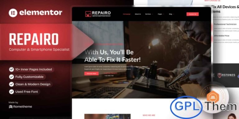 Repairo – Computer & Smartphone Repair Elementor Template Kit Repairo is a professional Elementor Template Kit designed for computer, laptop, and smartphone repair businesses. With over 13 pre-built templates, Repairo offers a fully responsive, clean, and modern design that can be easily customized to match your brand.