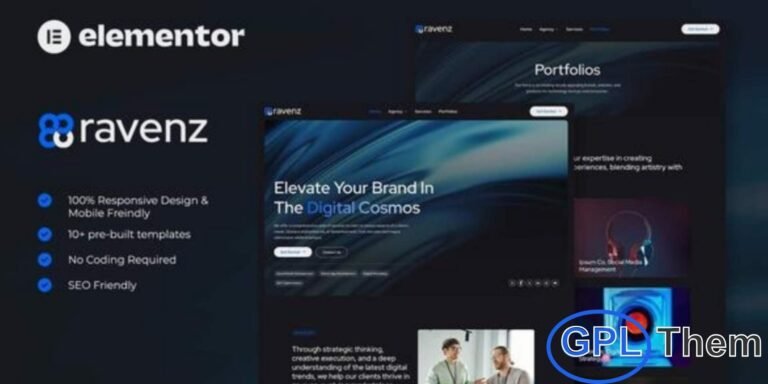 Ravenz – Creative Digital Agency Elementor Template Kit Ravenz is a sleek and modern Elementor Template Kit designed specifically for Creative Digital Agencies. Crafted with the leading No-Code WordPress builder, this template kit offers a dark, professional, and minimalist design that stands out. Its fully responsive layout ensures a seamless experience across all devices, while the intuitive drag-and-drop interface makes customization quick and effortless.