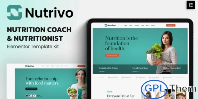 Nutrivo – Nutrition Coach & Nutritionist Elementor Template Kit Nutrivo is a modern and clean Elementor Template Kit designed specifically for nutrition coaches, dieticians, wellness experts, and healthy lifestyle consultants. Built for WordPress using the Elementor page builder, this kit allows you to create a professional, fully functional website without any coding skills.