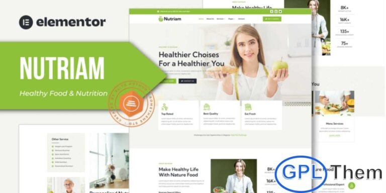 Nutriam – Healthy Food & Nutrition Service Elementor Template Kit Nutriam is a modern and professional Elementor Template Kit designed for nutrition services, healthy food providers, diet programs, and organic food businesses. With over 12 pre-built, fully responsive templates, Nutriam allows you to create a clean, visually appealing website that effectively showcases your services, menus, and wellness programs.