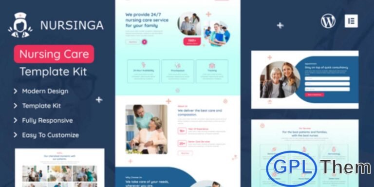 Nursinga – Nursing Home Care & Medical Elementor Template Kit Nursinga is a modern and professional Elementor Template Kit designed for nursing homes, private care agencies, senior care services, and medical support businesses. This template kit provides a complete set of pre-designed layouts that allow you to showcase your services, staff, facilities, and contact information effectively.