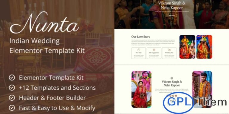 Nunta – Cultural Wedding Elementor Template Kit Nunta is a beautifully designed Elementor Template Kit crafted for Indian weddings, cultural ceremonies, and traditional celebration websites. This kit combines modern web design with cultural elegance, allowing you to create a stunning online presence that reflects the richness of Indian wedding traditions.