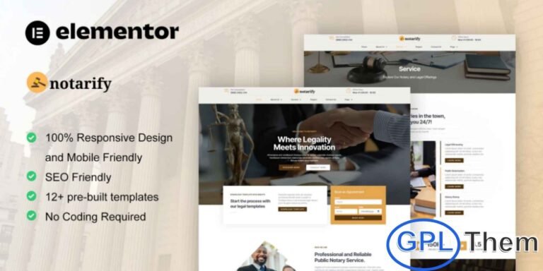 Notarify – Notary Public & Legal Services Elementor Template Kit Notarify is a modern and SEO-friendly Elementor Template Kit designed specifically for Notary Public and Legal Service websites. Featuring a clean, professional, and uniquely crafted layout, this kit is perfect for showcasing notary solutions, legal assistance, and documentation services with clarity and credibility.