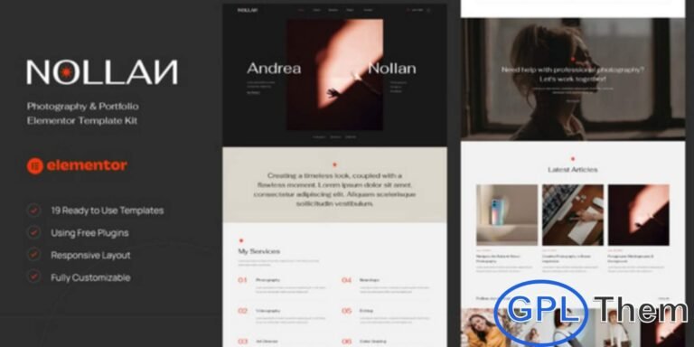 Nollan – Photography & Portfolio Elementor Template Kit Nollan is a sleek and modern Photography & Portfolio Elementor Template Kit designed for photographers, videographers, creative professionals, agencies, and anyone who wants a stylish way to showcase their work online. With its clean layout and fully responsive design, Nollan highlights your visuals beautifully on any device.