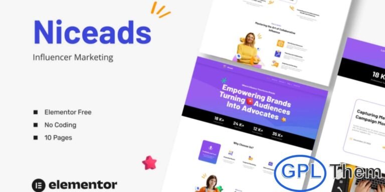 Niceads – Influencer Marketing Elementor Template Kit Niceads is a modern and creative Influencer Marketing Elementor Template Kit designed to help agencies and marketing professionals build a high-impact online presence with ease. Built for the Elementor Page Builder, this kit offers a clean, trendy, and fully responsive layout that makes website creation fast and effortless—no coding required.