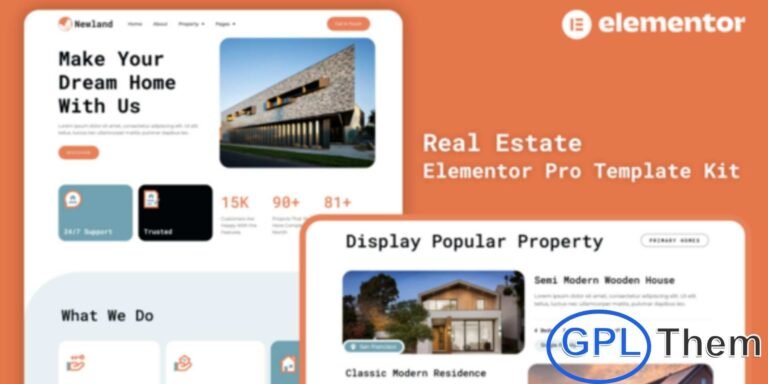 Newland – Real Estate Elementor Pro Template Kit Newland is a modern and fully customizable Real Estate Elementor Pro Template Kit designed to help you build professional property websites quickly and efficiently. Ideal for real estate agents, property developers, interior designers, and home décor businesses, this kit combines clean layouts with a sleek, contemporary style.