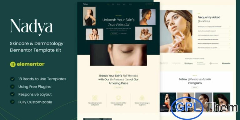 Nadya – Skincare & Dermatology Elementor Template Kit Nadya is a modern and professional Elementor Template Kit designed specifically for skincare, dermatology, cosmetology clinics, beauty centers, and spa businesses. This template kit offers a clean and elegant design that highlights your services, treatments, team, and client testimonials effectively.