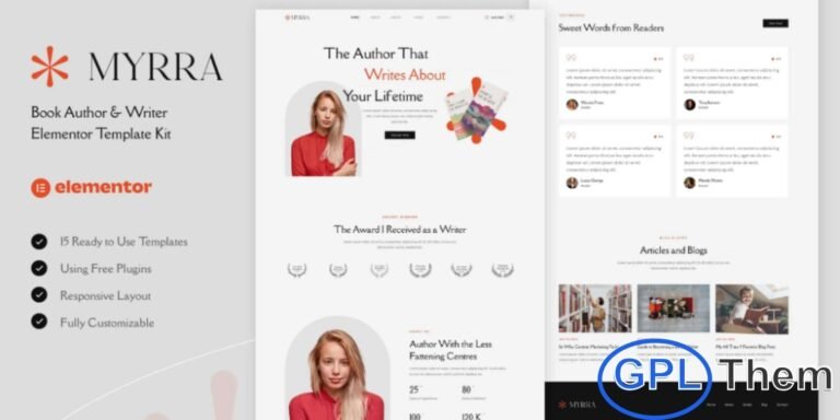 Myrra – Book Author & Writer Elementor Template Kit Myrra is a beautifully crafted Elementor Template Kit designed for book authors, writers, novelists, and professionals offering book-related services. With a clean, modern, and minimal design, Myrra provides a fully responsive layout that looks flawless on all devices. This template kit is easy to customize and requires no coding knowledge, allowing anyone to create a professional author website effortlessly.