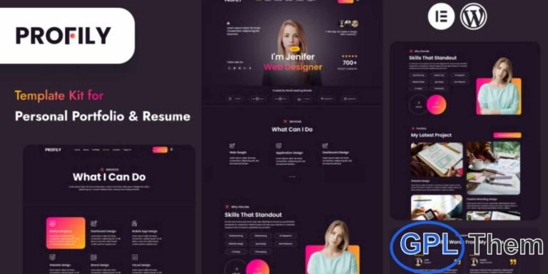 Profily – Personal Portfolio & Resume Elementor Template Kit Profily is a modern and stylish Elementor Template Kit designed to help freelancers, creative professionals, and job seekers build impressive personal portfolio and resume websites with ease. Featuring a clean, responsive layout, smooth animations, and full customization options, Profily allows you to showcase your skills, work, achievements, and personal brand in a professional and engaging way.
