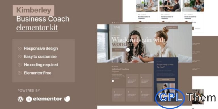 Kimberley – Business Coaching Elementor Template Kit Kimberley is a beautifully designed Elementor Template Kit created specifically for business coaches, mentors, consultants, and professional coaching services. Featuring a clean, modern, and professional layout, Kimberley makes it easy to build an engaging and credible online presence. Fully compatible with the free Elementor version, this template kit is ready to import and works seamlessly with most WordPress themes, including the popular Hello Elementor theme.