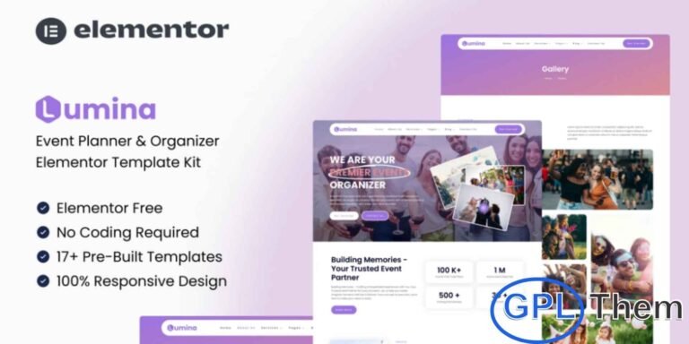 Lumina – Event Planner & Organizer Elementor Template Kit Lumina is a stylish and powerful Elementor Template Kit crafted for event planners, organizers, and professionals who want to showcase their services with elegance. Perfect for weddings, corporate events, conferences, community gatherings, and special celebrations, Lumina provides a complete collection of customizable pages to help you build a stunning event website with ease.