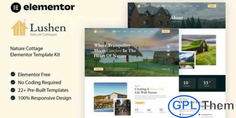 Lushen – Nature Cottage Elementor Template Kit Lushen is a beautifully designed Elementor Template Kit tailored for nature cottages, cabins, homestays, and vacation retreats. Crafted with a calm and refreshing aesthetic, it perfectly reflects the serene charm of natural getaways, helping property owners present their accommodations with elegance.