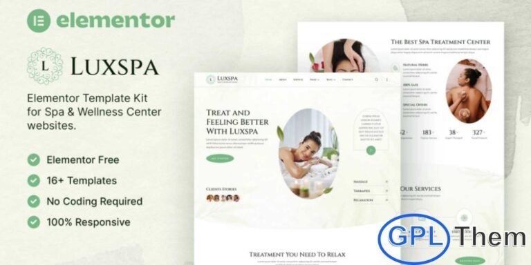 Luxspa – Spa & Wellness Center Elementor Template Kit Luxspa is a beautifully crafted Elementor Template Kit designed to help you build a professional and visually soothing website for spas, wellness centers, massage studios, beauty salons, and similar wellness-focused businesses. With its calming aesthetic and clean layout, Luxspa ensures your services are showcased with elegance while delivering a seamless user experience across all devices.
