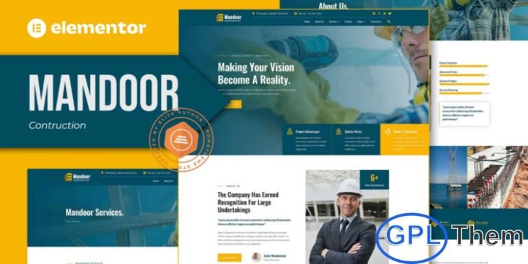 Mandoor – Construction Elementor Pro Template Kit Mandoor is a professional Elementor Pro Template Kit designed for construction companies, building contractors, and architecture services. Featuring 15+ pre-built templates with a clean, modern, and fully responsive design, Mandoor allows you to create a polished website that effectively showcases your projects and services.