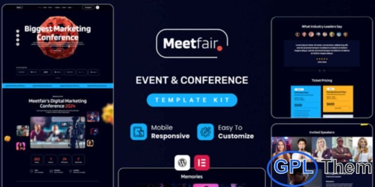 Meetfair – Event & Conference Elementor Template Kit Meetfair is a stylish and modern Elementor Template Kit crafted for events, conferences, seminars, festivals, and professional gatherings. With its clean, responsive layout, Meetfair makes it effortless to present event details, highlight keynote speakers, display schedules, and promote ticket options.