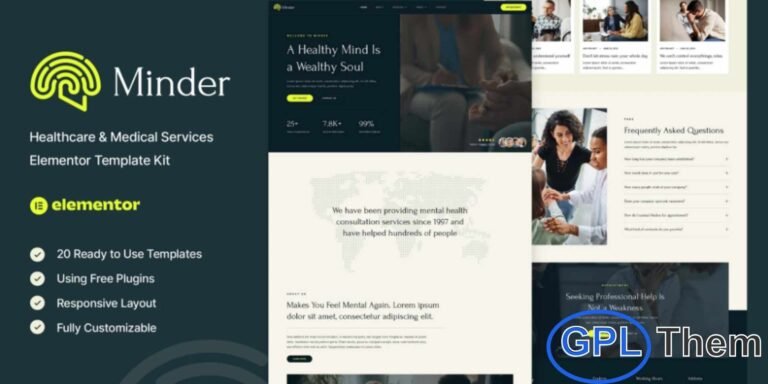 Minder – Mental Health & Therapy Elementor Template Kit Minder is a professionally designed Elementor Template Kit tailored for mental health professionals, therapists, psychologists, online counselors, family and individual therapy providers, and life coaches. Featuring a clean, modern, and calming design, Minder ensures your website provides a trustworthy and welcoming experience for clients.