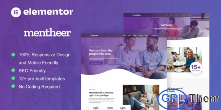 Mentheer – Mental Health & Therapy Elementor Pro Template Kit Mentheer is a modern and professional Elementor Pro Template Kit designed specifically for mental health professionals, therapists, psychologists, online counselors, family and individual therapy providers, and life coaches. With 12+ fully responsive pre-built templates, Mentheer allows you to easily create a polished, user-friendly website to showcase services, therapy programs, team members, and client resources.