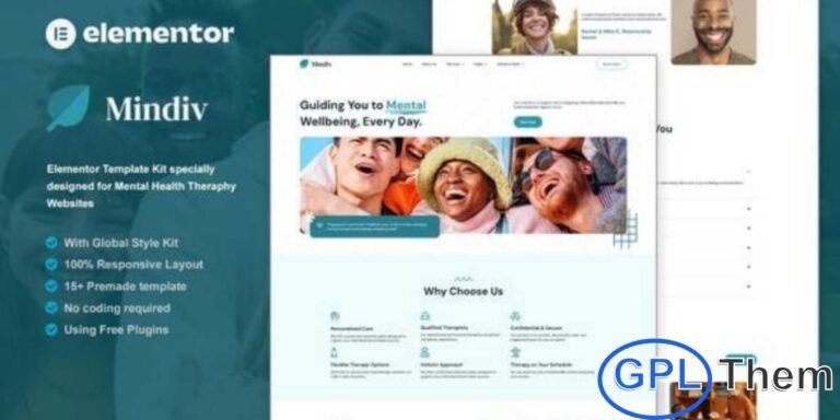 Mindiv – Mental Health & Therapy Elementor Template Kit Mindiv is a modern and professional Elementor Template Kit designed specifically for mental health and therapy websites. Perfect for psychologists, counselors, wellness coaches, life coaches, meditation trainers, and therapy service providers, Mindiv offers a clean and engaging design to showcase your services effectively.