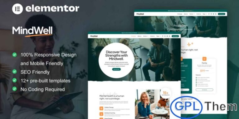 MindWell – Mental Health Care Elementor Pro Template Kit MindWell is a modern and professional Elementor Pro Template Kit designed for mental health professionals, therapists, psychologists, online counselors, life coaches, and mental health clinics. With 12+ fully responsive pre-built templates, MindWell allows you to create a polished and trustworthy website to showcase therapy services, counseling programs, and professional profiles.