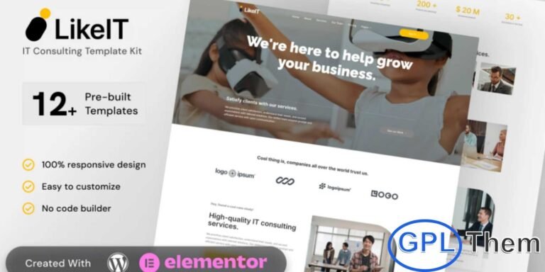 LikeIT – IT Consulting Agency Elementor Pro Template Kit LikeIT is a modern and fully responsive Elementor Pro Template Kit designed for IT consulting agencies, creative startups, and established technology companies. With its clean, minimalist, and professional design, LikeIT helps you create a visually appealing and functional website that highlights your services, expertise, and projects.