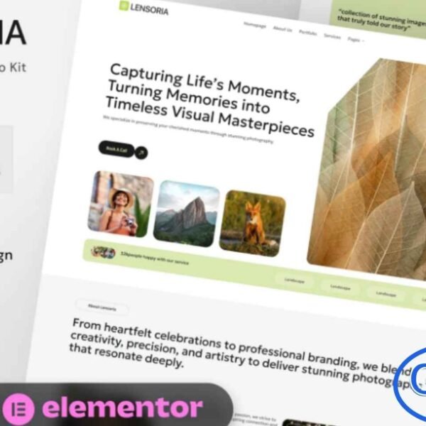 Lensoria – Photographer & Studio Portfolio Elementor Template Kit Lensoria is a modern and fully responsive Elementor Template Kit designed for photographers, studios, and creative professionals to showcase their portfolios online. With a clean and minimalist design, Lensoria highlights your photography work while providing an intuitive layout for clients to explore your services, view galleries, and book appointments.