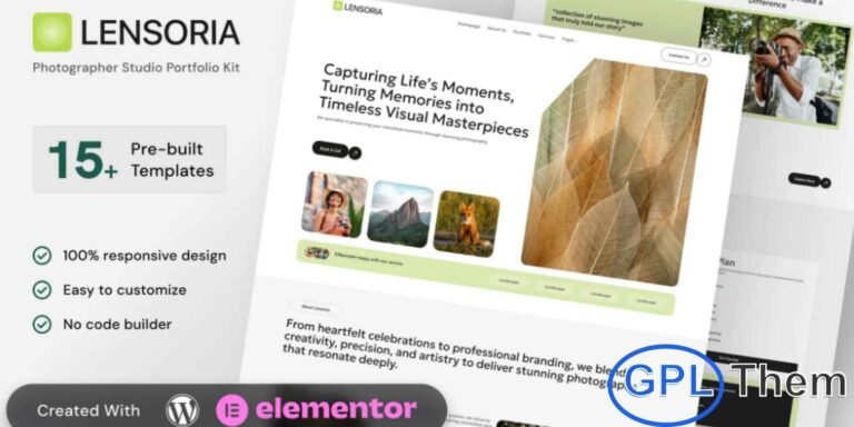 Lensoria – Photographer & Studio Portfolio Elementor Template Kit Lensoria is a modern and fully responsive Elementor Template Kit designed for photographers, studios, and creative professionals to showcase their portfolios online. With a clean and minimalist design, Lensoria highlights your photography work while providing an intuitive layout for clients to explore your services, view galleries, and book appointments.