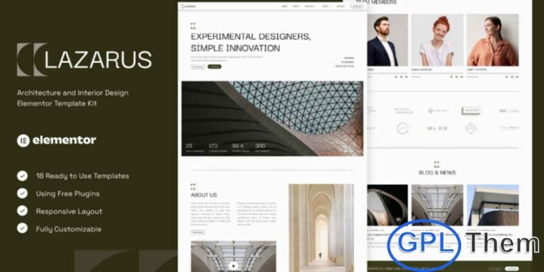 Lazarus – Architecture & Interior Design Elementor Template Kit Lazarus is a premium Elementor Template Kit designed specifically for Architecture, Interior Design, Construction, Real Estate, Home Buying, Realtor services, Furniture, and Property Agencies. Perfect for professionals and businesses looking to showcase their projects and services with a modern, elegant, and professional online presence.