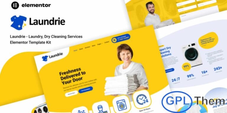 Laundrie – Laundry & Dry Cleaning Services Elementor Template Kit Laundrie is a professionally crafted Elementor Template Kit designed for laundry services, dry cleaning businesses, and multipurpose cleaning service providers. With its pixel-perfect layout, this kit ensures every section looks polished, modern, and visually engaging. Built for easy customization, Laundrie allows you to create a responsive, fast-loading website using simple drag-and-drop editing—no coding required.
