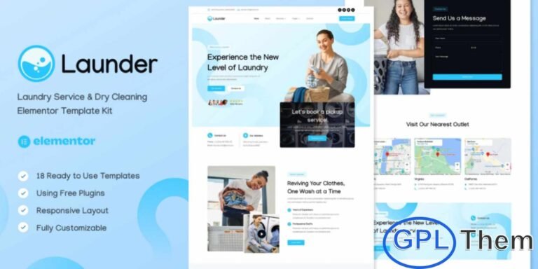 Launder – Laundry Service & Dry Cleaning Elementor Template Kit Launder is a modern and professionally crafted Elementor Template Kit designed specifically for laundry services, dry cleaning, washing, ironing, and self-service laundry businesses. This is not a WordPress theme, but a collection of ready-made Elementor page templates that help you build a clean, stylish, and fully responsive website with ease. Featuring a simple yet elegant design, Launder ensures a smooth user experience on all devices while being incredibly easy to customize—no coding knowledge required.
