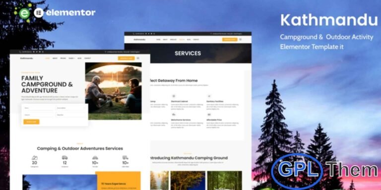 Kathmandu – Campground & Outdoor Activity Elementor Template Kit Kathmandu is a professionally designed Elementor Template Kit tailored for campgrounds, outdoor adventures, hiking tours, nature experiences, parks, glamping, and travel-related businesses. With its modern and visually appealing design, Kathmandu helps you create a fully functional website to showcase outdoor activities, services, and packages effortlessly. The kit is fully responsive, ensuring a seamless experience across desktops, tablets, and mobile devices. Built with Elementor, it allows easy customization without any coding knowledge.