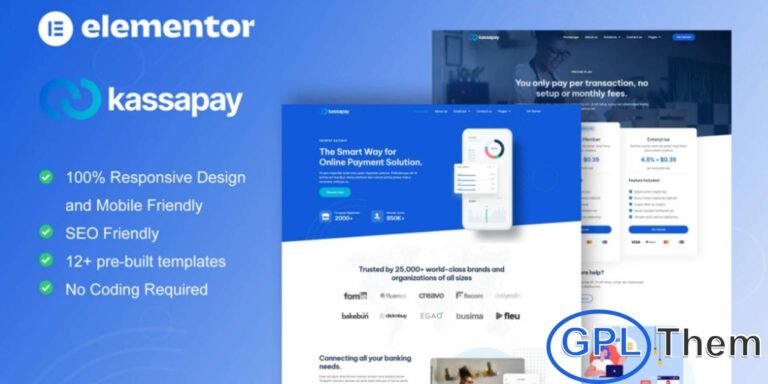 KassaPay – Online Payment Gateway Elementor Template Kit KassaPay is a sleek and modern Elementor Template Kit designed for online payment services, digital wallets, e-commerce payment solutions, subscription payment platforms, and other fintech businesses. Featuring 12+ pre-built templates, KassaPay allows you to create a professional and fully functional payment service website quickly and effortlessly.