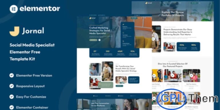 Jornal – Social Media Specialist Elementor Template Kit Jornal is a clean and modern Elementor Template Kit designed for social media specialists, digital marketers, content creators, and online branding professionals. Built for the Elementor Page Builder (free version), this kit allows you to create a professional website quickly and easily without any coding.