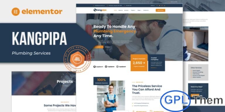 Kangpipa – Plumbing Services Elementor Template Kit Kangpipa is a professionally designed Elementor Template Kit created for plumbing companies, home repair services, HVAC technicians, and general home maintenance providers. Featuring 12+ pre-built templates, this kit offers a clean, modern, and fully responsive design that helps you build a high-quality service website with ease.