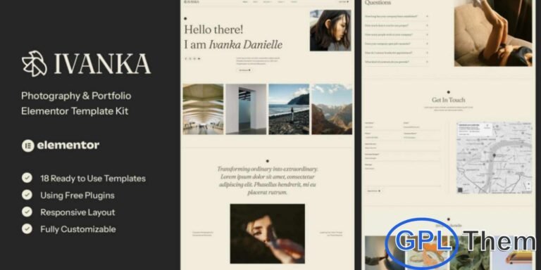 Ivanka – Photography & Portfolio Elementor Template Kit Ivanka is a beautifully crafted Elementor Template Kit designed for photographers, photo studios, creative portfolios, photo bloggers, and photography agencies. This is not a WordPress theme, but a collection of professionally designed templates that help you build a stunning photography website without writing any code.