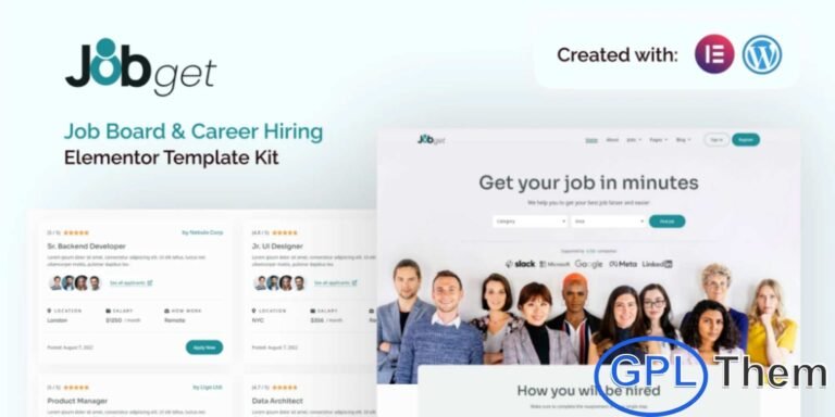 Jobget – Job Board & Career Hiring Elementor Template Kit Jobget is a modern and fully responsive Elementor Template Kit designed to help you build a professional job board or career hiring website quickly and easily. Perfect for recruitment agencies, job portals, and HR platforms, this kit allows businesses to connect with top talent efficiently.