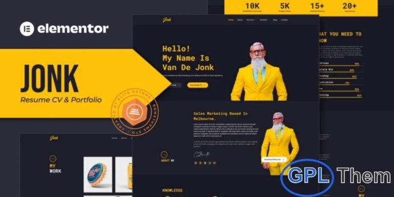 Jonk – Resume, CV & Portfolio Elementor Template Kit Jonk is a modern and professional Elementor Template Kit designed for creating personal websites, resumes, CVs, portfolios, and professional profiles. Featuring 11+ pre-built templates with a clean, fully responsive design, Jonk allows you to showcase your skills, achievements, and work experience in a visually appealing way.