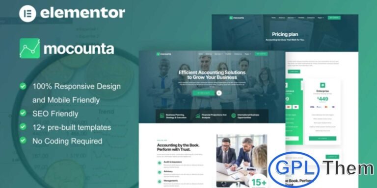 Mocounta – Accounting Firm Elementor Template Kit Mocounta is a modern and professional Elementor Template Kit designed for accounting firms, finance consultants, and financial service providers. Featuring clean layouts with a contemporary style, Mocounta allows you to showcase services such as tax consultation, financial advice, audits, and investment planning effectively.