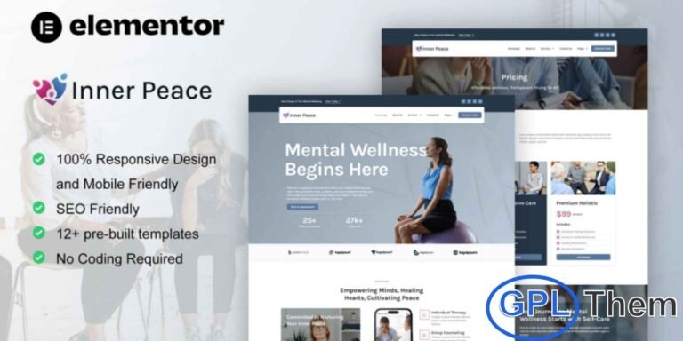 InnerPeace – Mental Health Care Elementor Template Kit InnerPeace is a modern and professional Elementor Pro Template Kit designed for mental health care providers, therapists, counselors, and life coaches. With 12+ pre-built templates featuring clean, modern layouts, InnerPeace allows you to showcase services such as individual therapy, family counseling, online psychological consultations, and mental health clinics effectively.